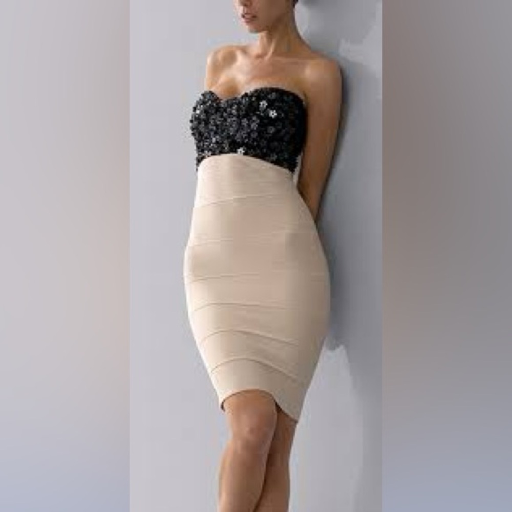 NWT- HERVE LEGER Black & White Strapless Bandage Knit Midi Cocktail Party Dress